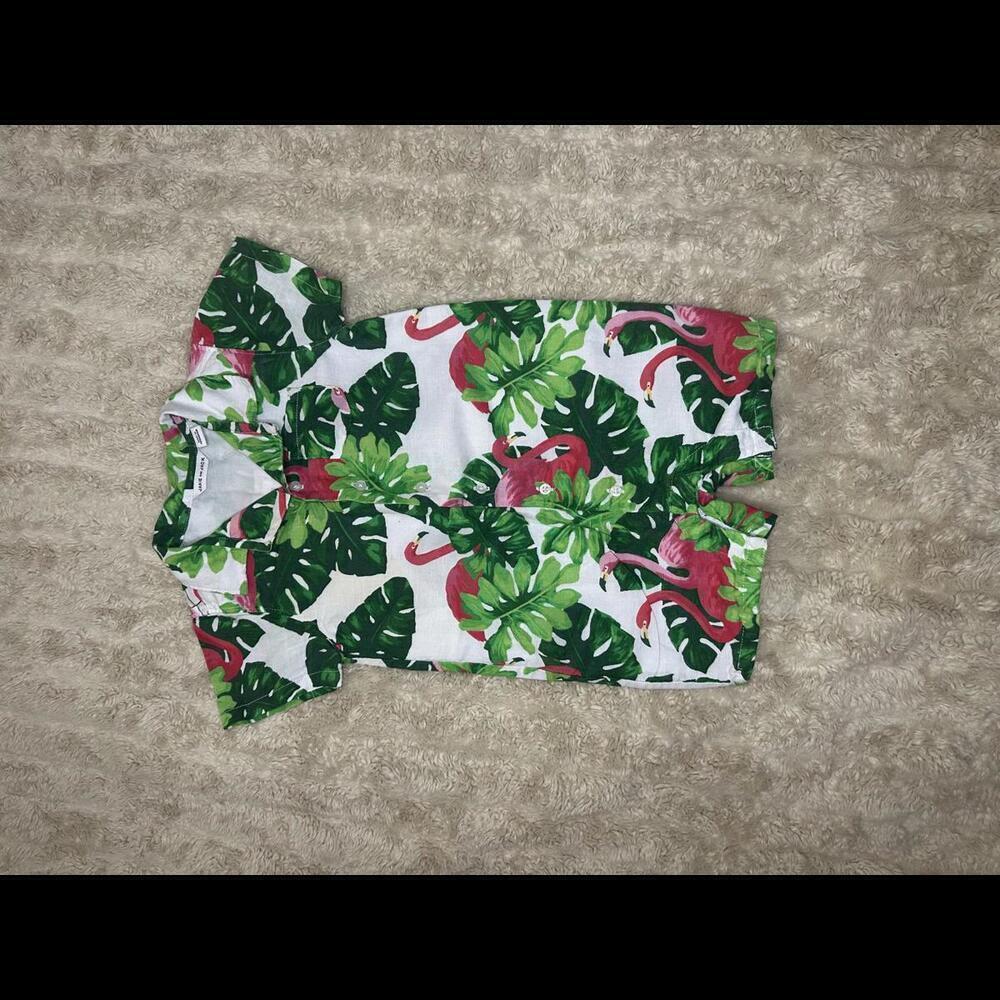 Janie & Jack bright tropical flamingo linen romper Size 18-24 months